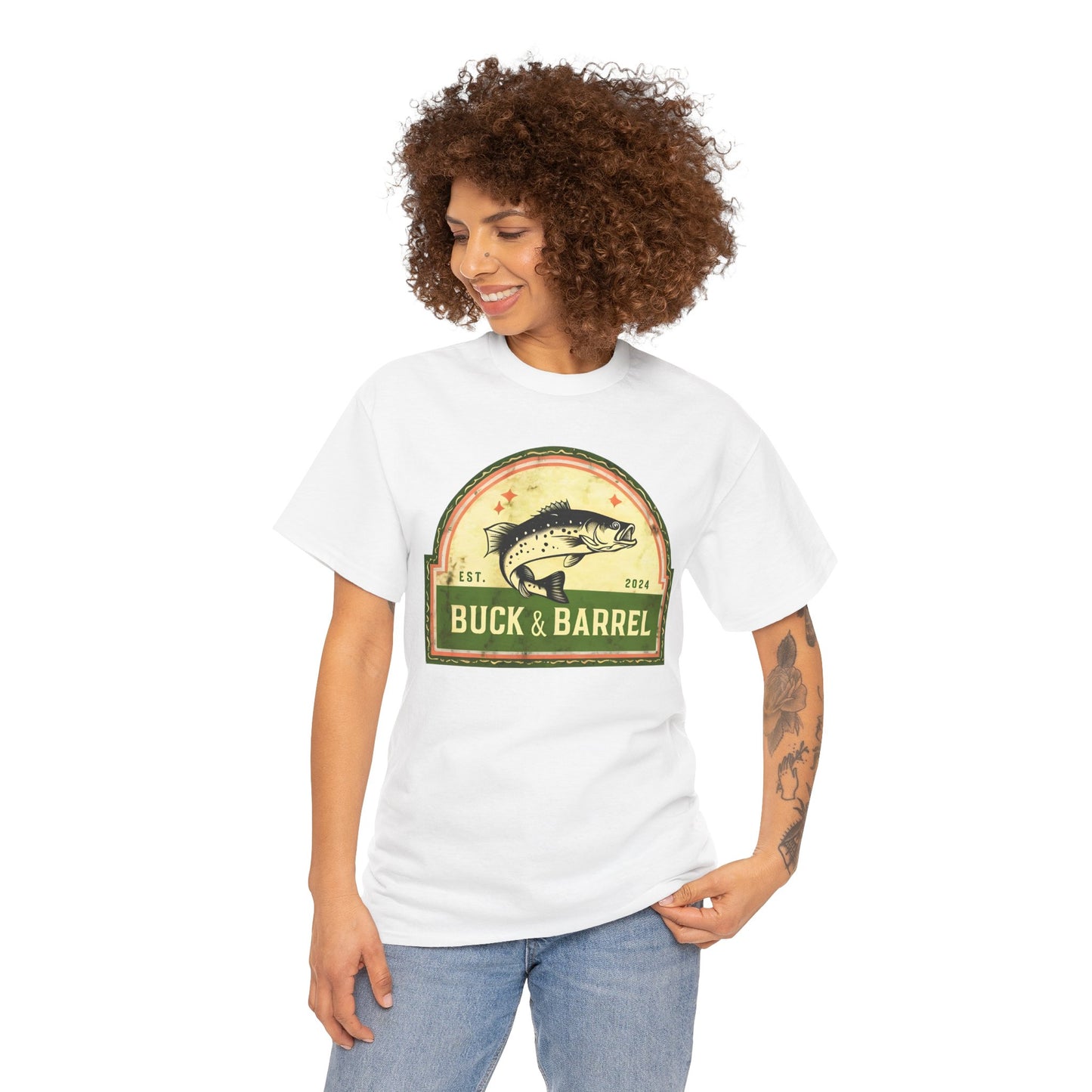 Buck & Barrel Unisex Heavy Cotton Tee - Vintage Fishing Graphic T-Shirt for Outdoor Enthusiasts